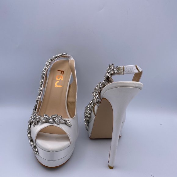 FSJ White Satin Slingback Bridal Heels Rhinestone - Picture 7 of 10